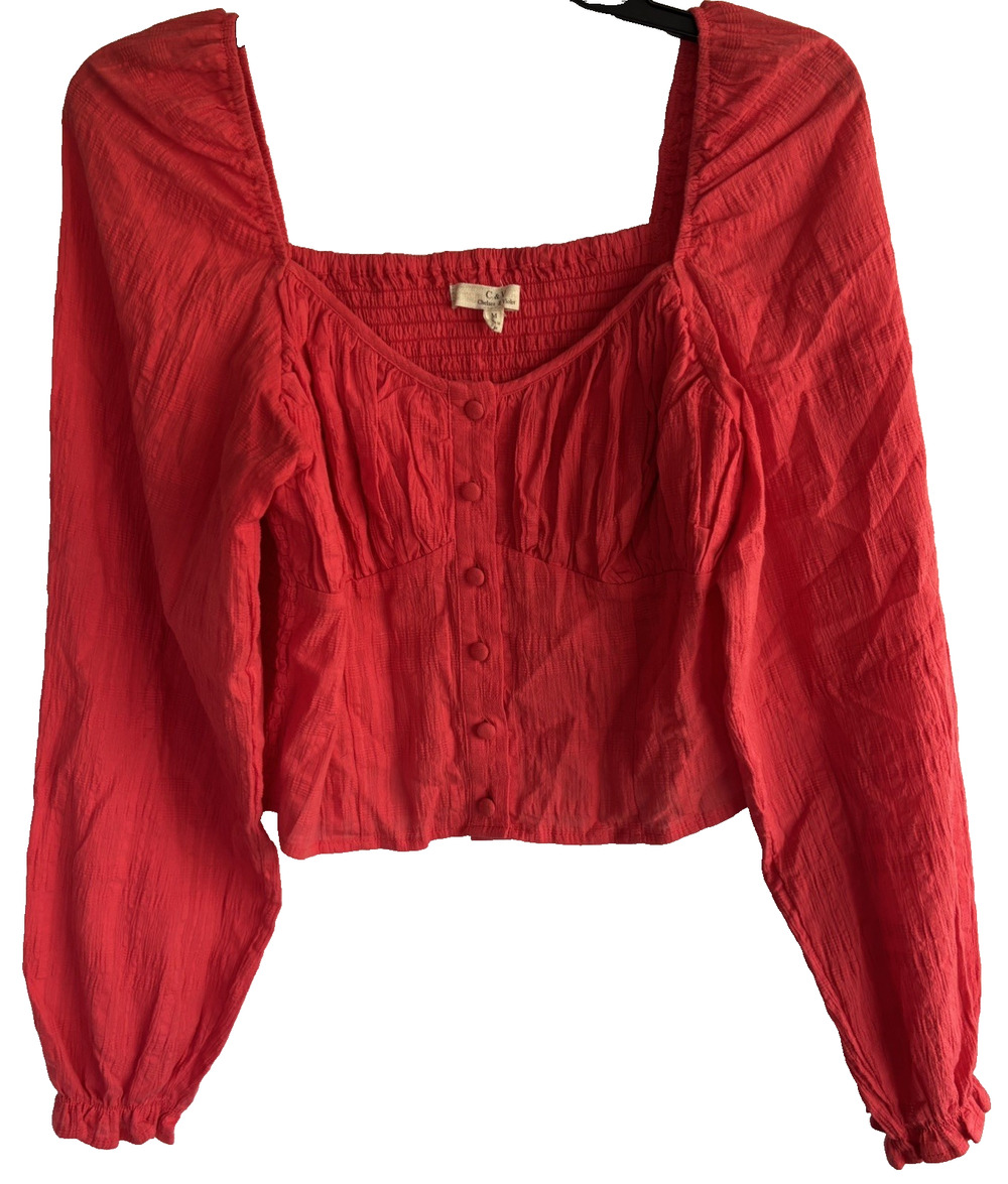 Chelsea & Violet Women's Red Long Sleeve Smocked Crop Top Size M